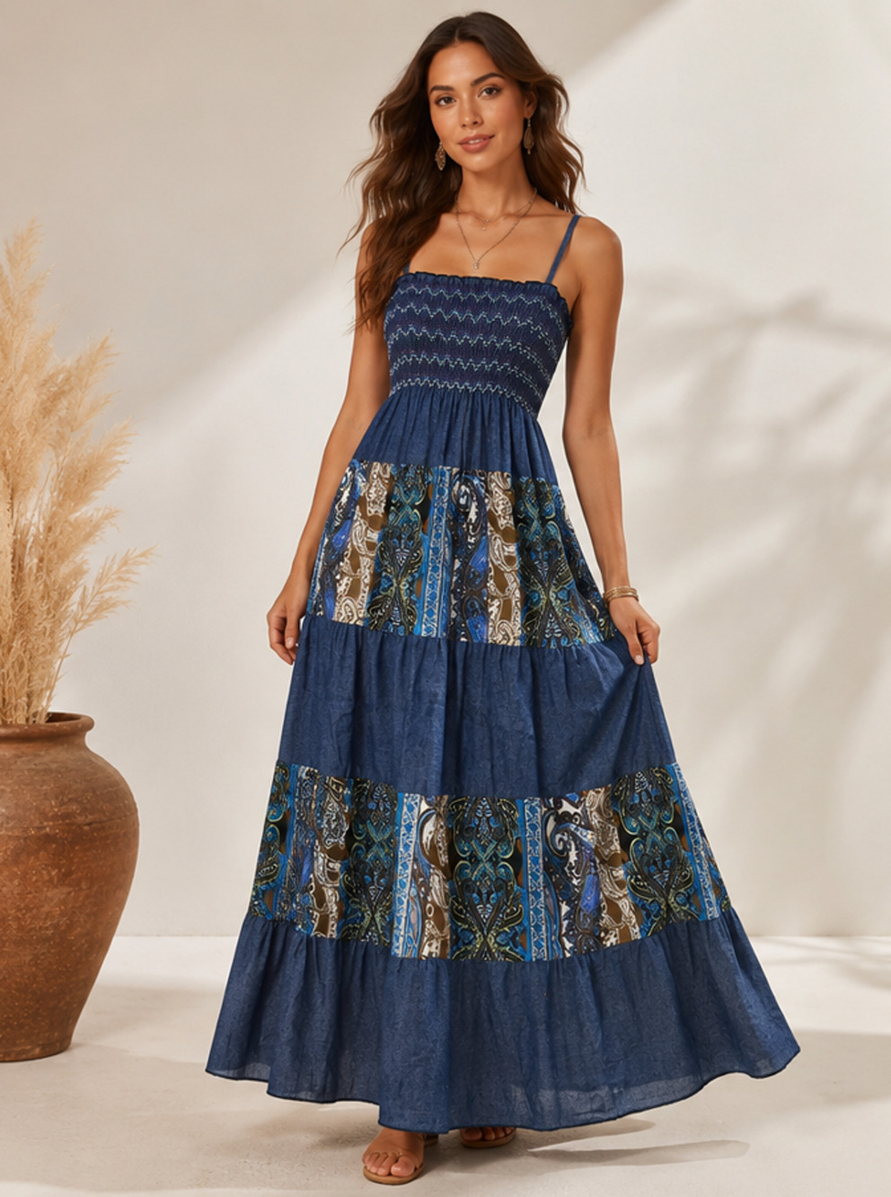 Patchwork Bandana Print Maxi Dress Tiered Sz S Cotton Boho Western Cottagecore